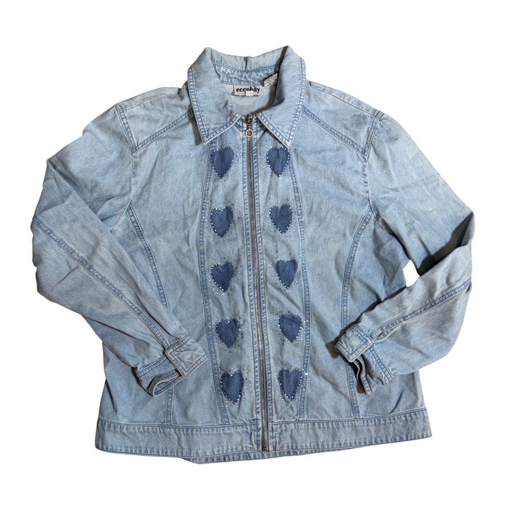 VTG 90s Eccobay Denim Jacket Light Wash Rhinestone Heart Patch Zip Up Womens L